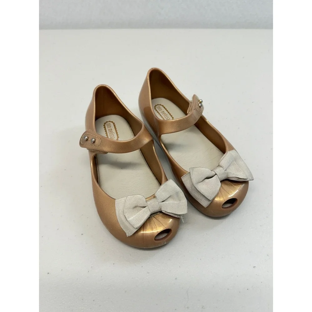 Mini Melissa Kids Rose Gold Bow Mary Jane Peep Toe Shoes Size 10 USA 27 EUR